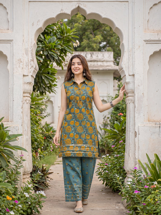 KAIRA | Teal Marigold Cotton Co-ord Set
