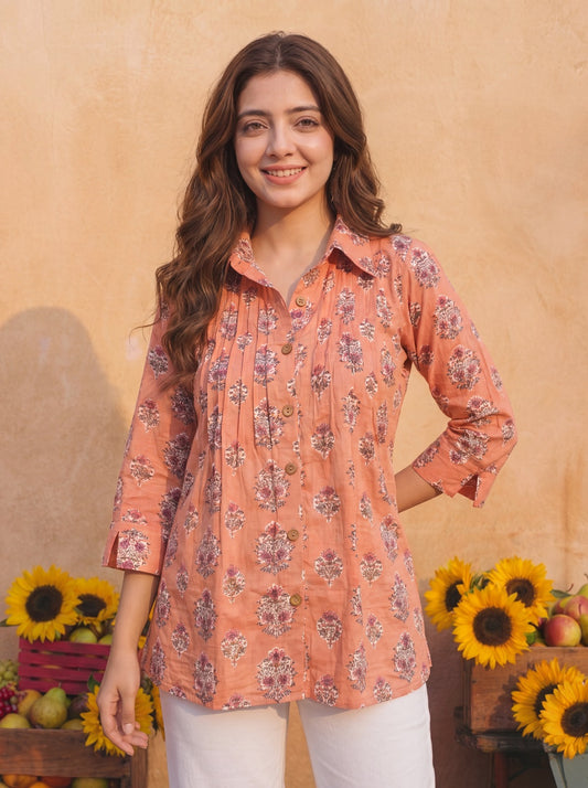 AAROHI | Peach Block Print Shirt