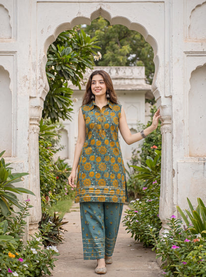 KAIRA | Teal Marigold Cotton Co-ord Set