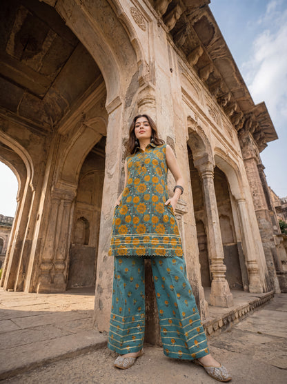KAIRA | Teal Marigold Cotton Co-ord Set