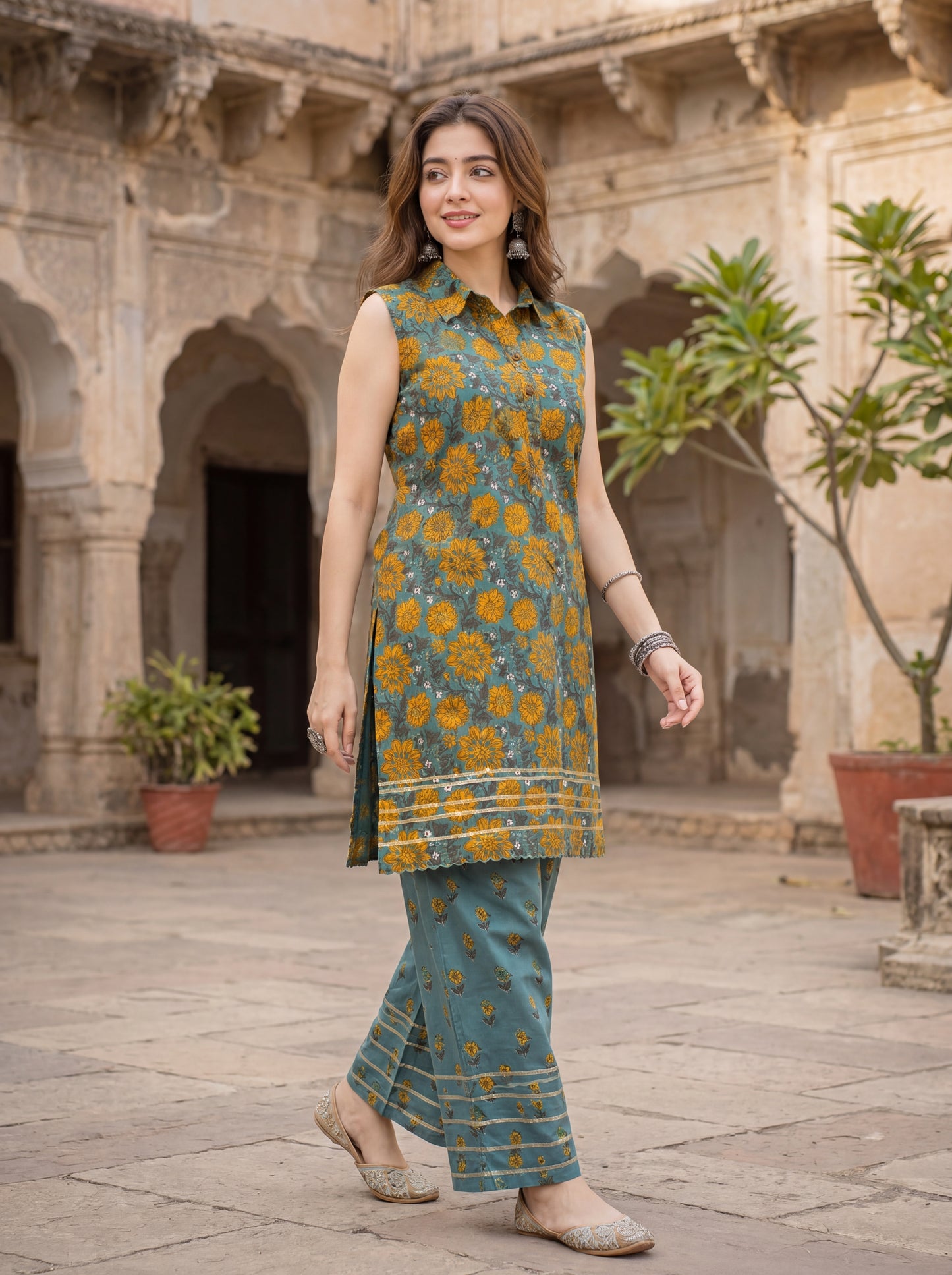 KAIRA | Teal Marigold Cotton Co-ord Set