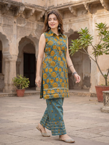 KAIRA | Teal Marigold Cotton Co-ord Set
