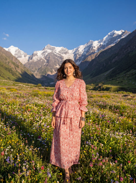 GULNAR | Red Floral Peplum Co-ord Set