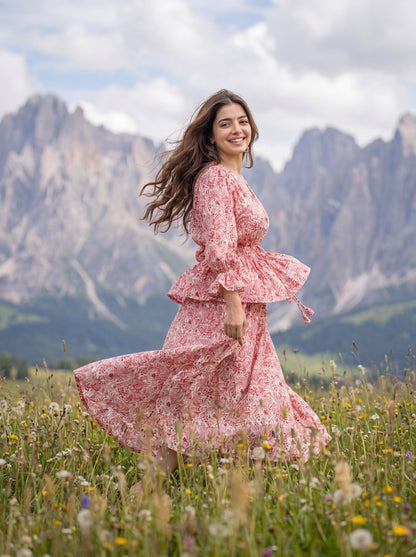 GULNAR | Red Floral Peplum Co-ord Set