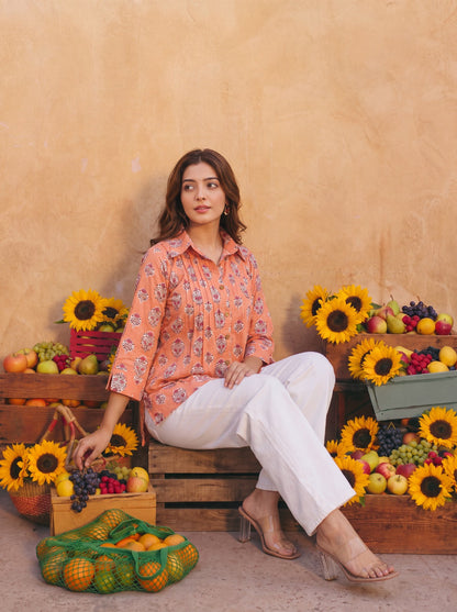 AAROHI | Peach Block Print Shirt