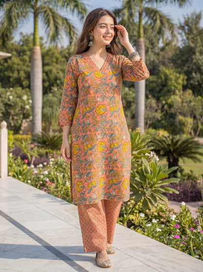 DHOOP | Coral Marigold Cotton Kurta Set