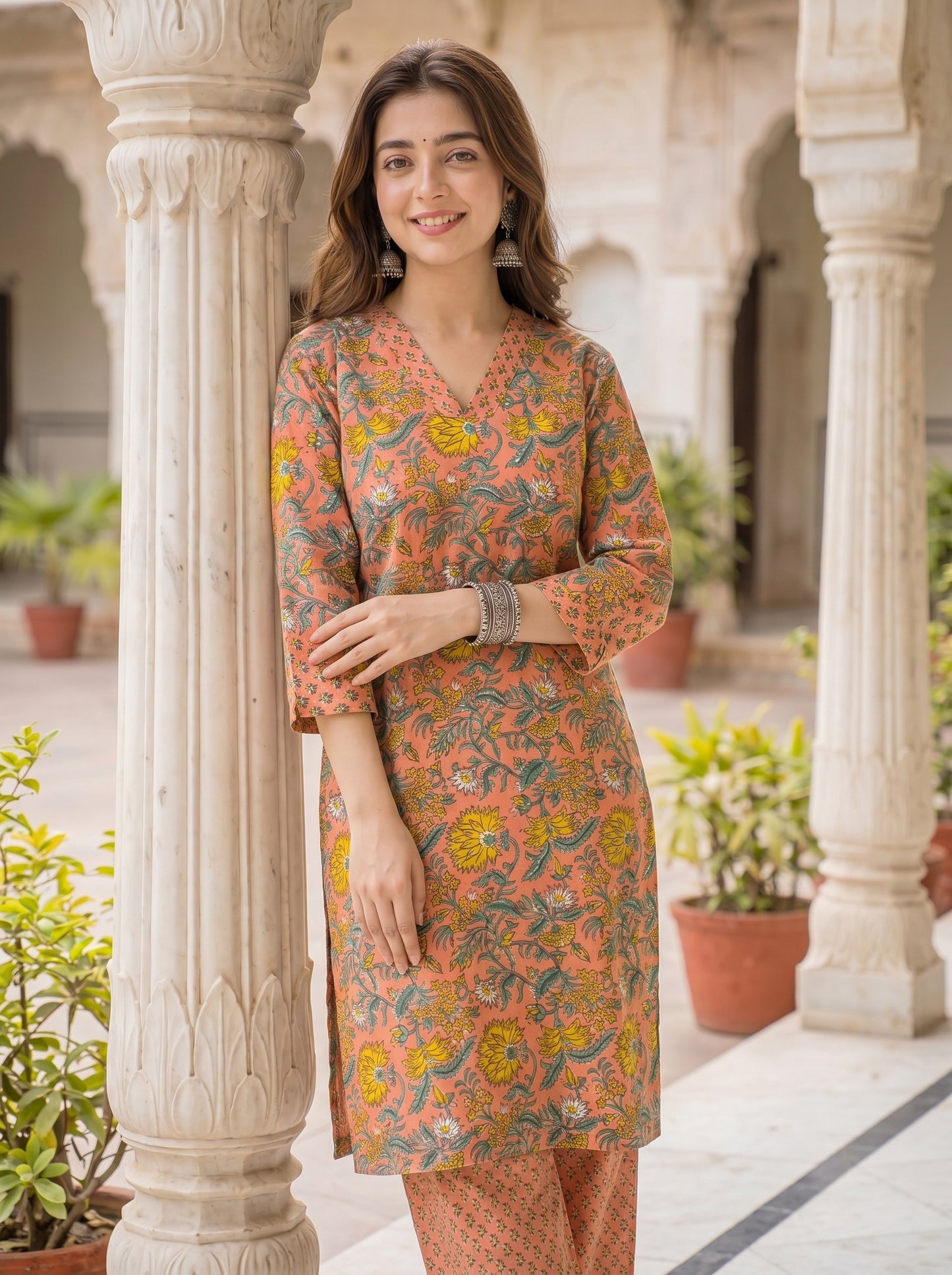 DHOOP | Coral Marigold Cotton Kurta Set