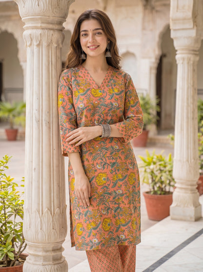 DHOOP | Coral Marigold Cotton Kurta Set