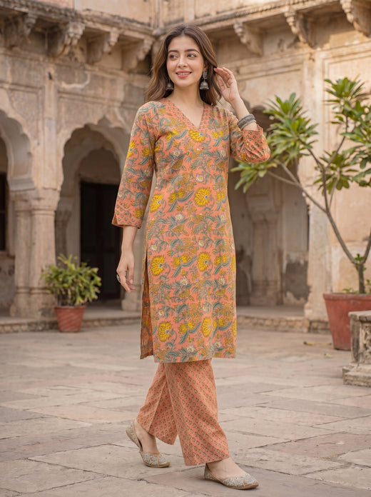 DHOOP | Coral Marigold Cotton Kurta Set