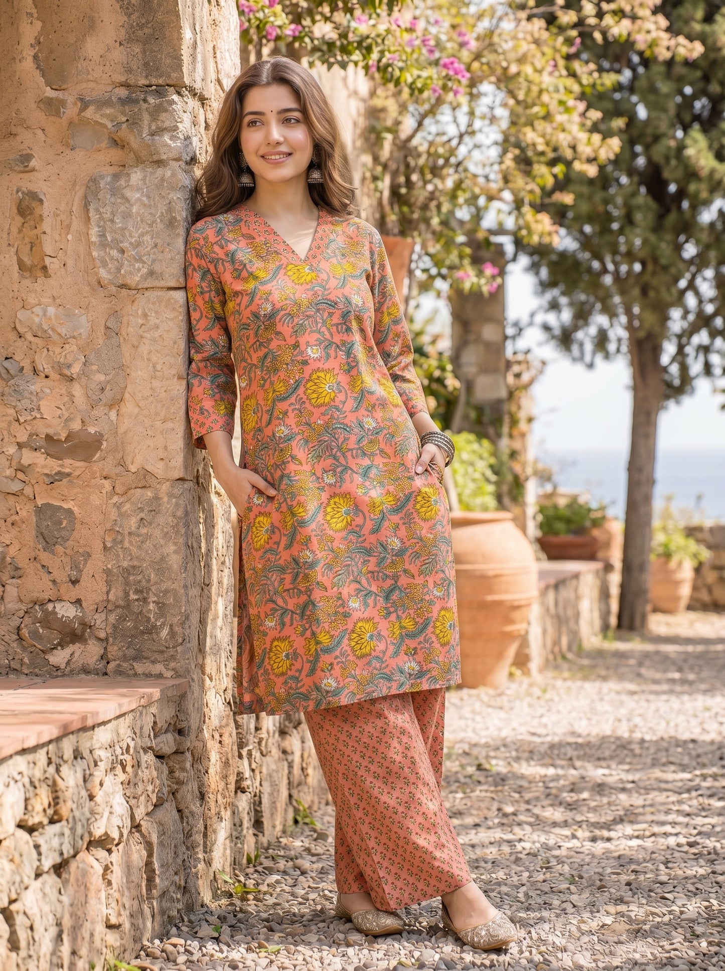 DHOOP | Coral Marigold Cotton Kurta Set
